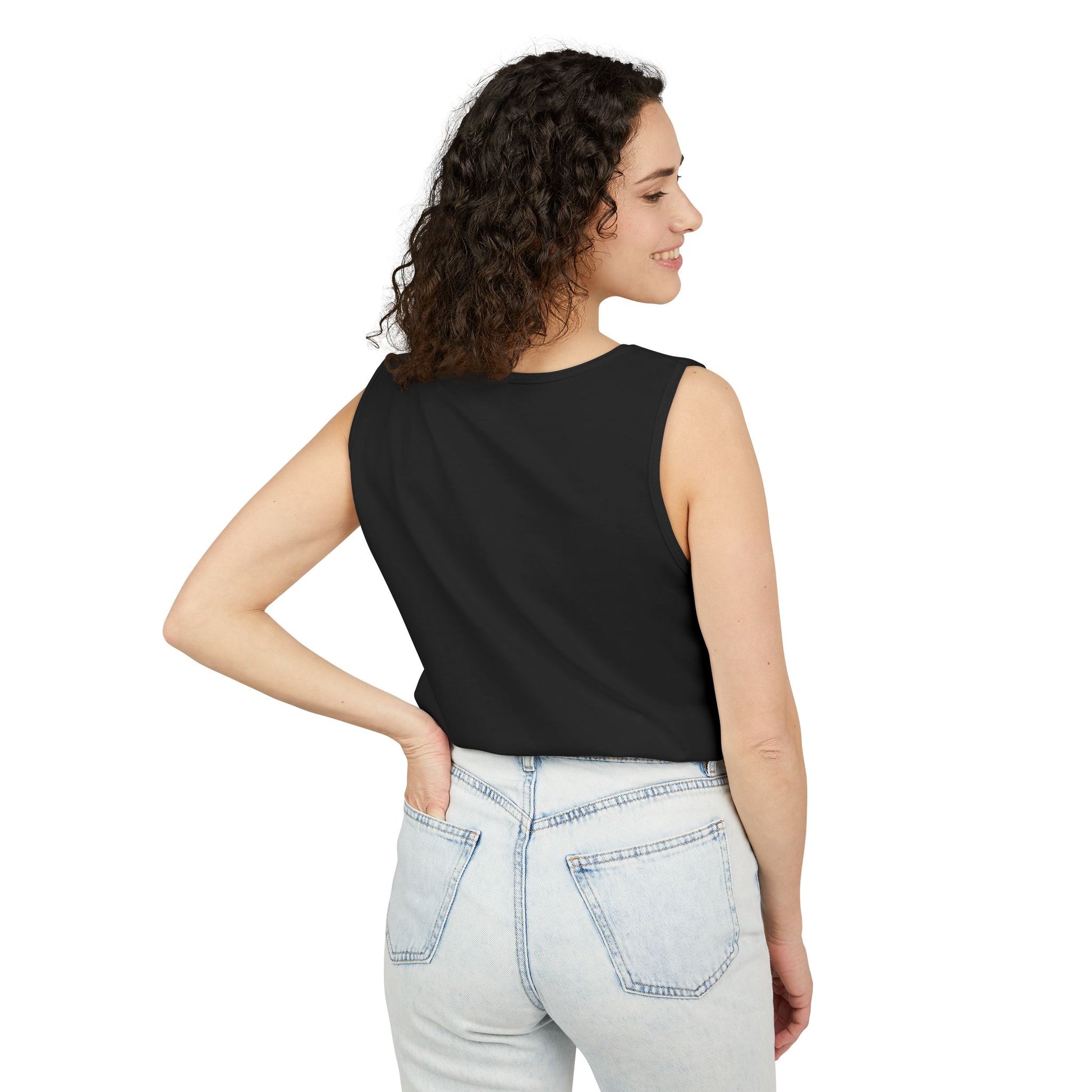 Palm Oasis Tank Top — Golden Tropical Graphic Summer Tee