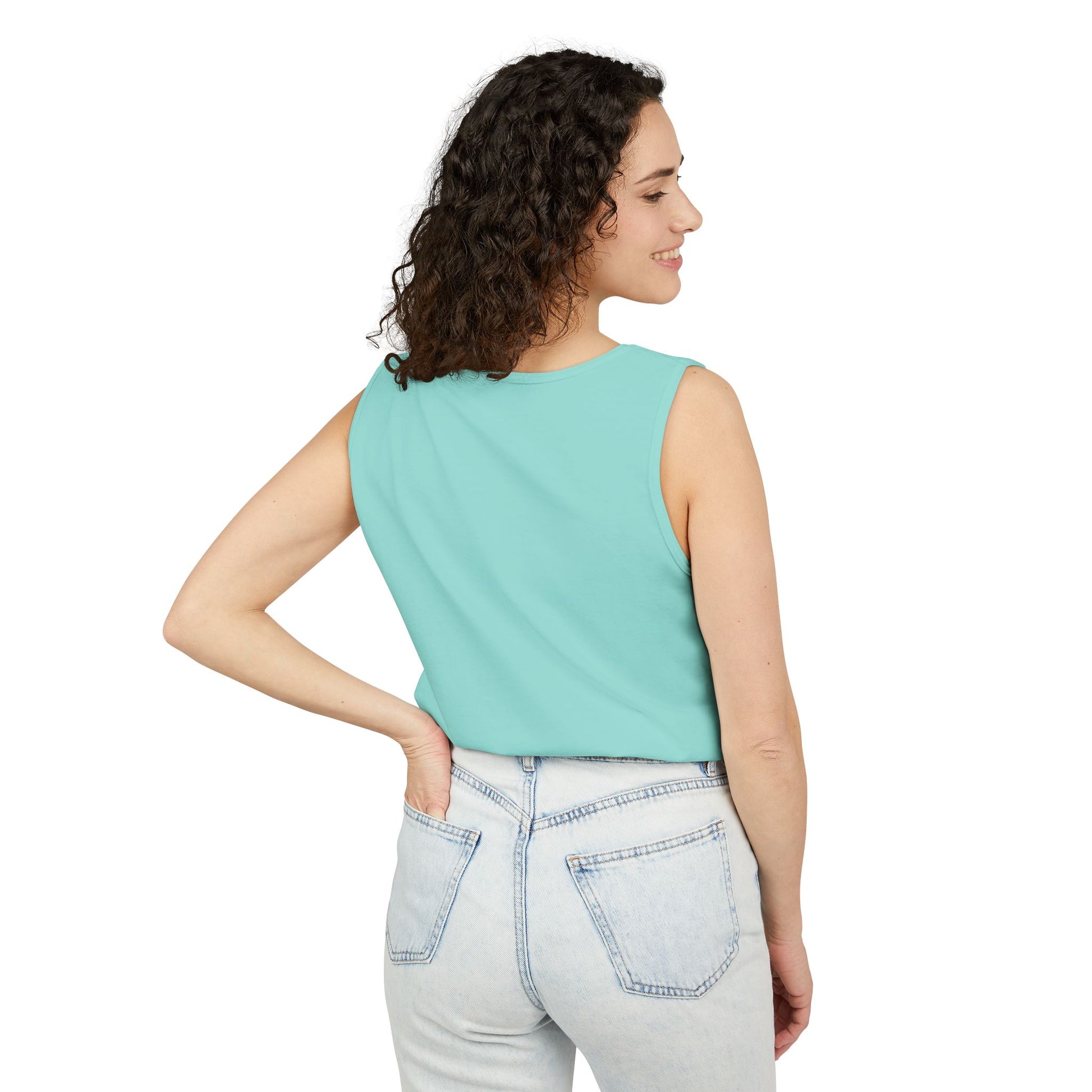 Palm Oasis Tank Top — Golden Tropical Graphic Summer Tee