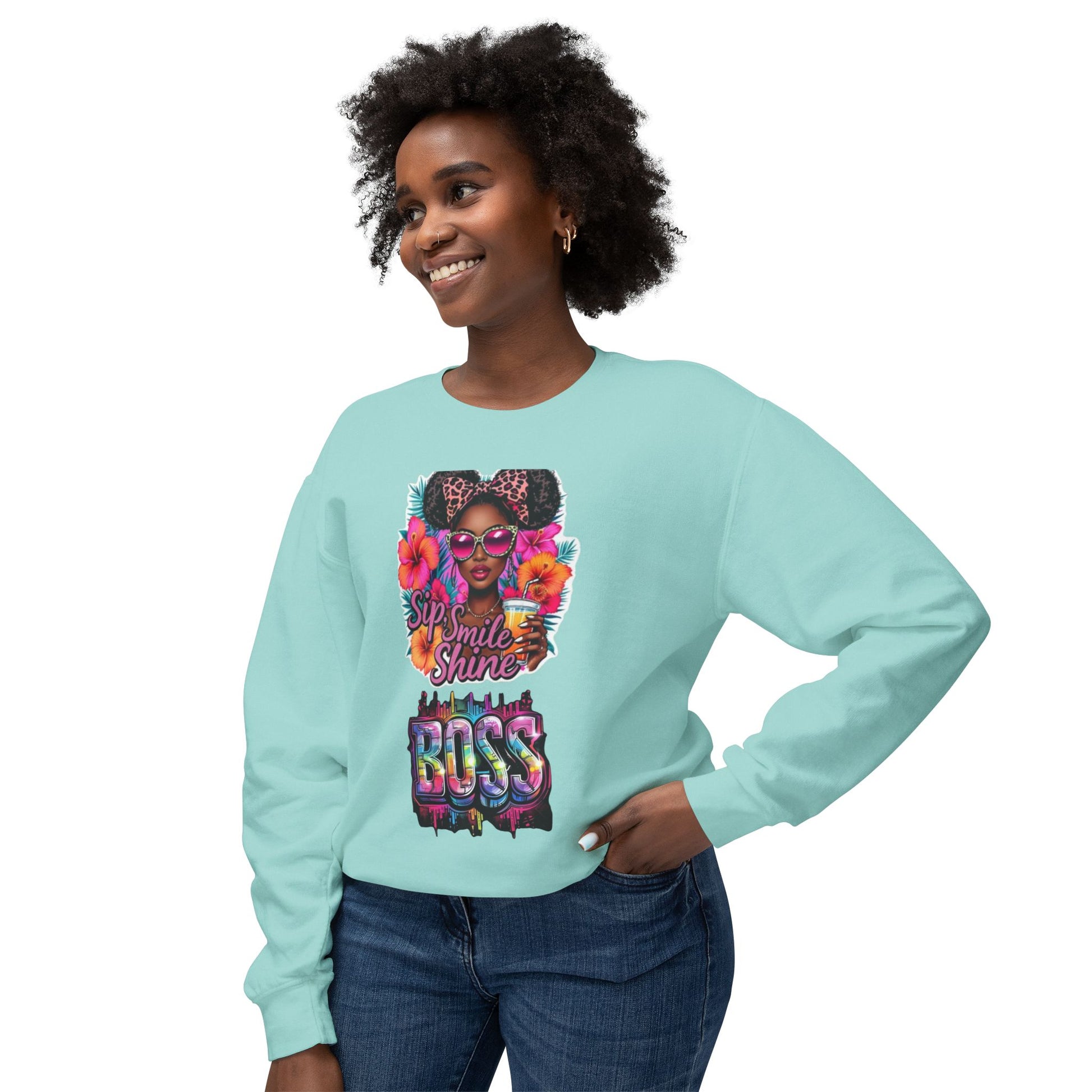Sip Smile Shine Boss Crewneck Sweatshirt — Tropical Floral Black Girl Magic Graphic