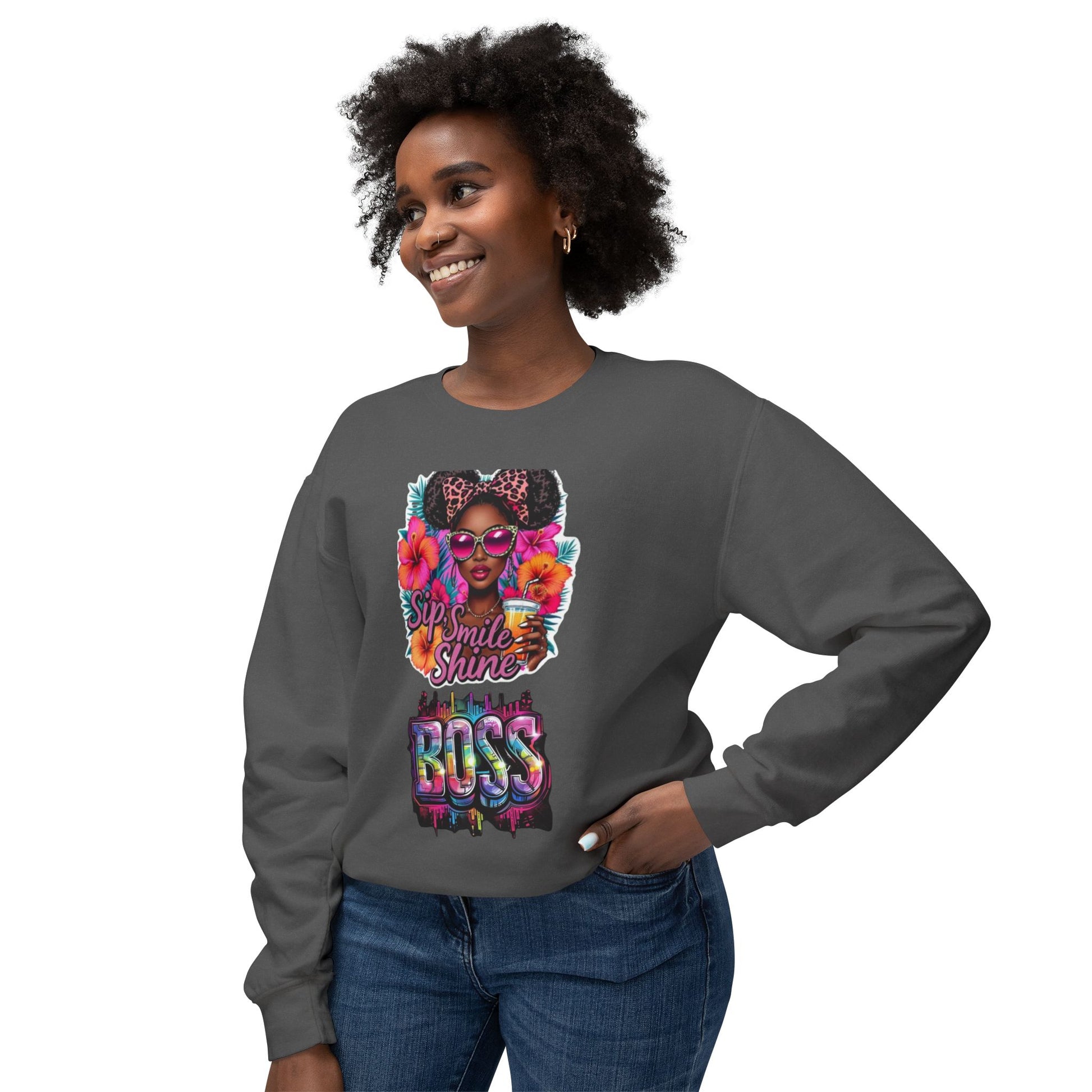 Sip Smile Shine Boss Crewneck Sweatshirt — Tropical Floral Black Girl Magic Graphic