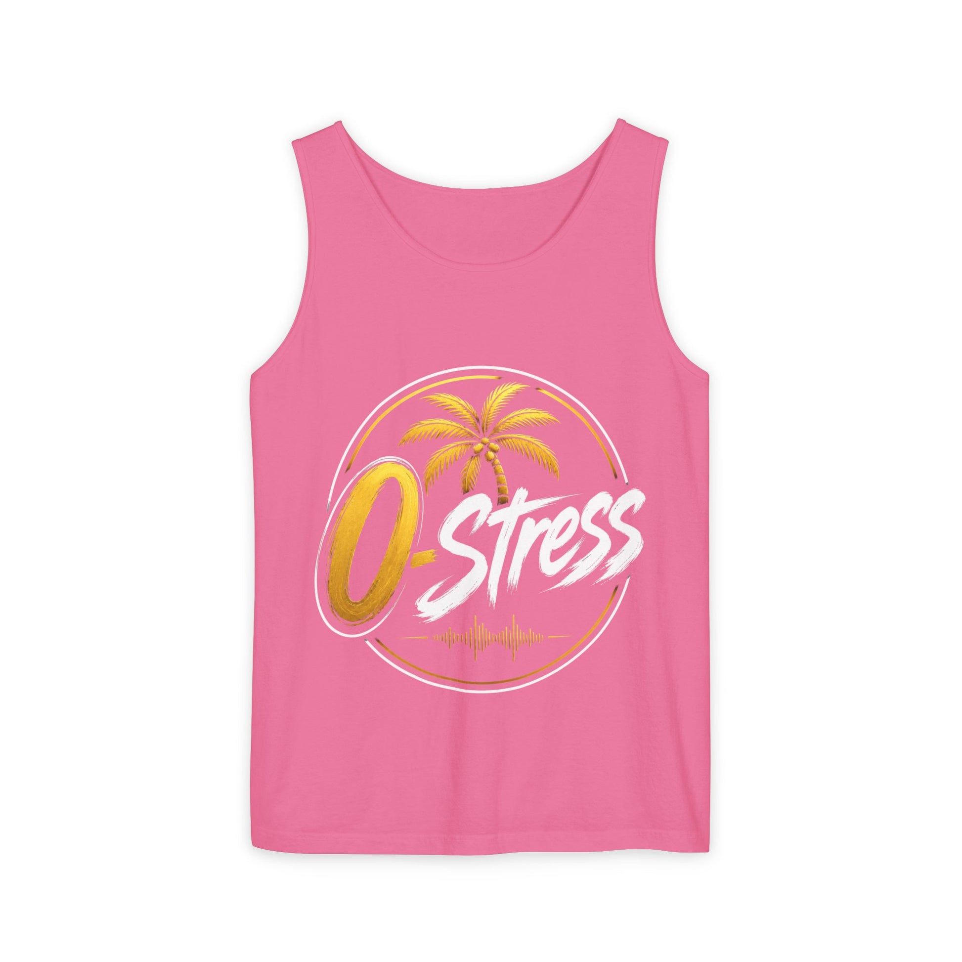Palm Oasis Tank Top — Golden Tropical Graphic Summer Tee