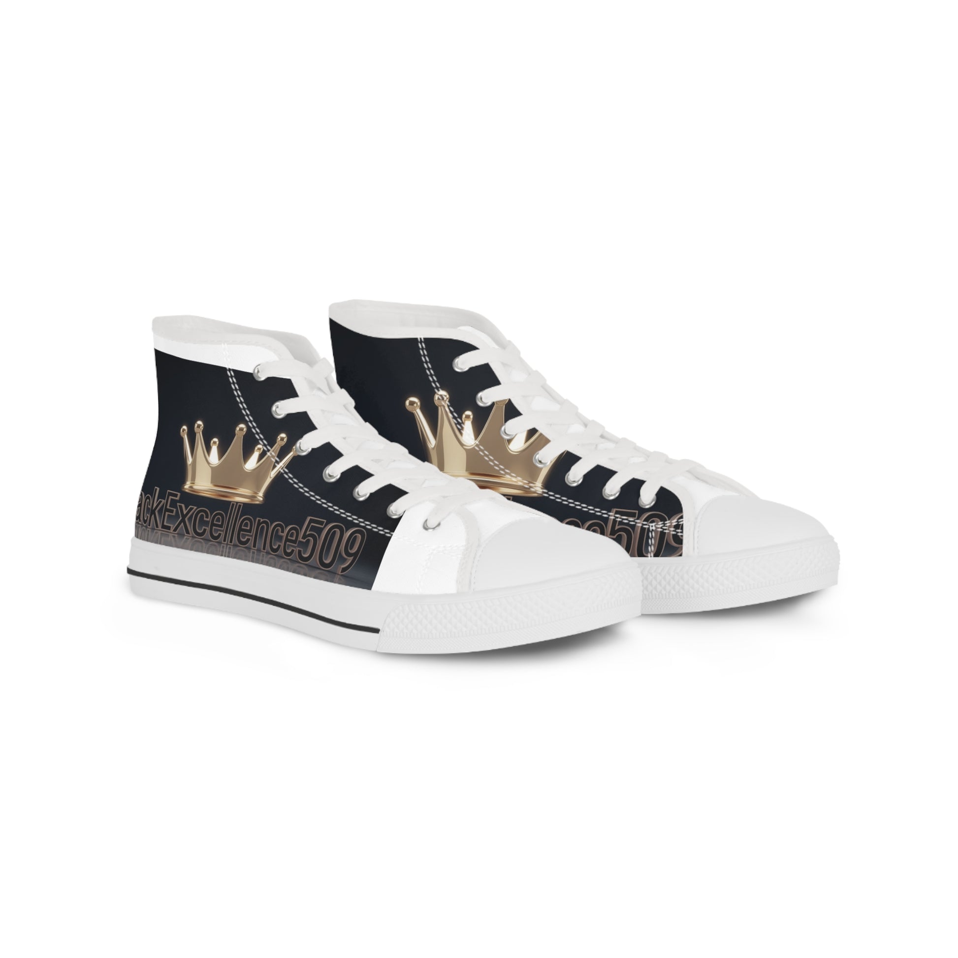 Men's High-Top Sneakers — Black & Gold Crown Design with "Excellence509" Accent