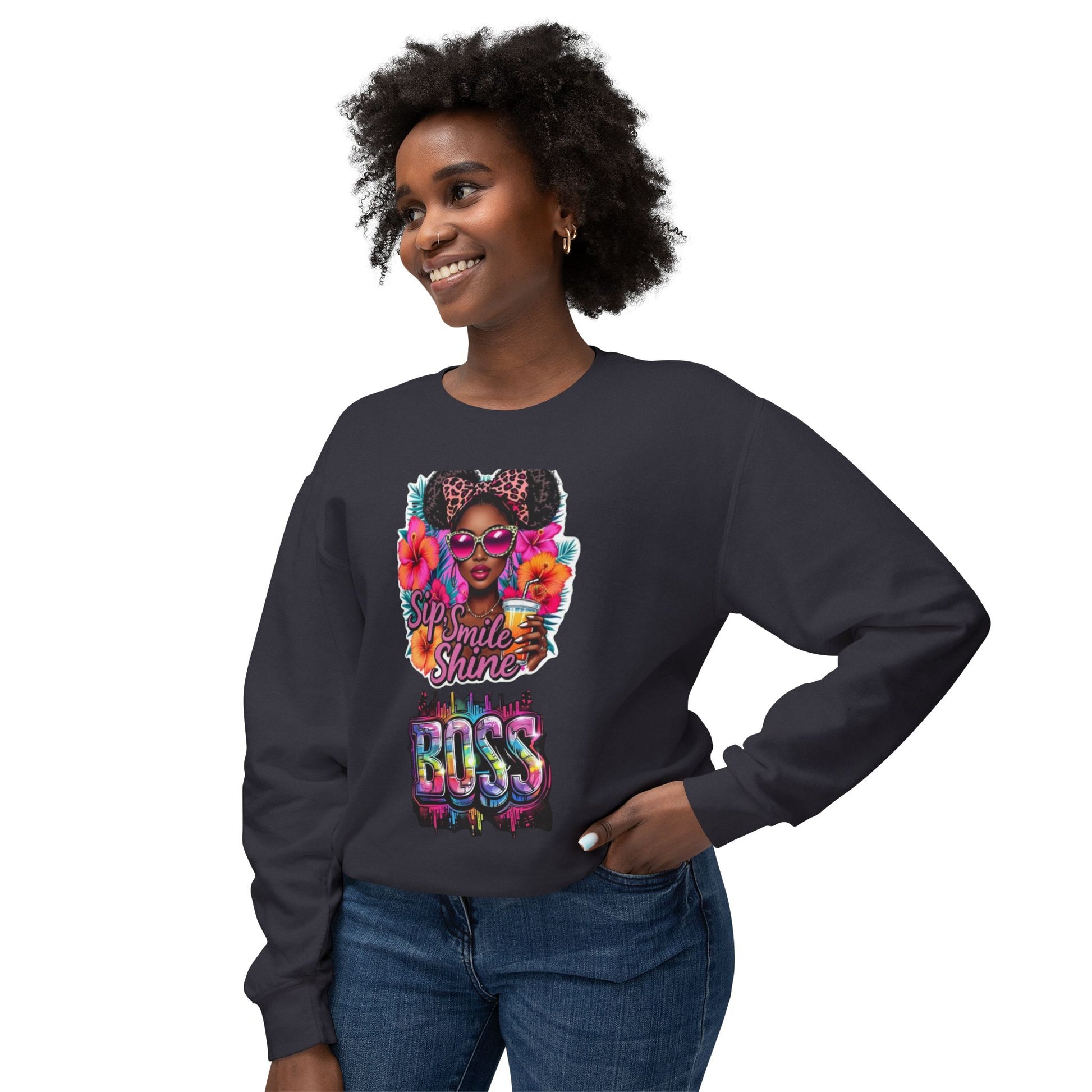 Sip Smile Shine Boss Crewneck Sweatshirt — Tropical Floral Black Girl Magic Graphic