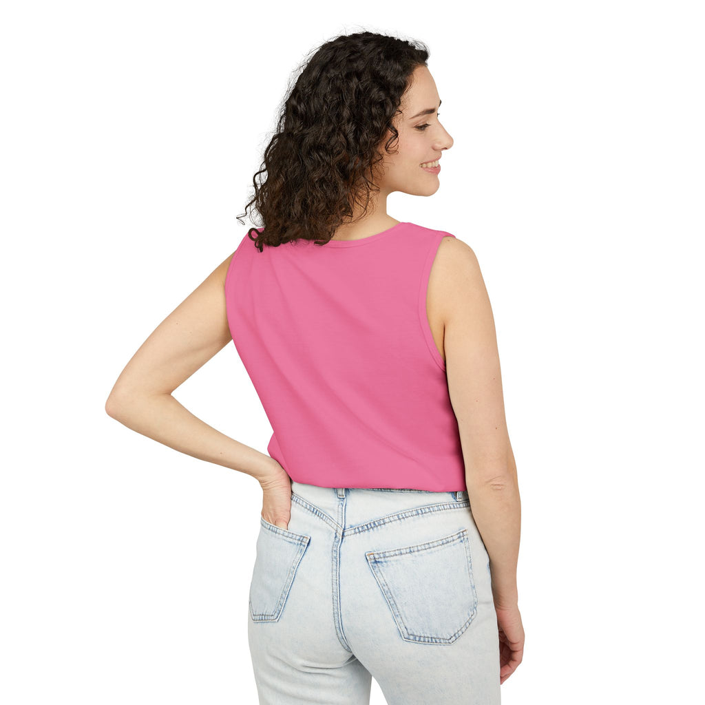 Palm Oasis Tank Top — Golden Tropical Graphic Summer Tee