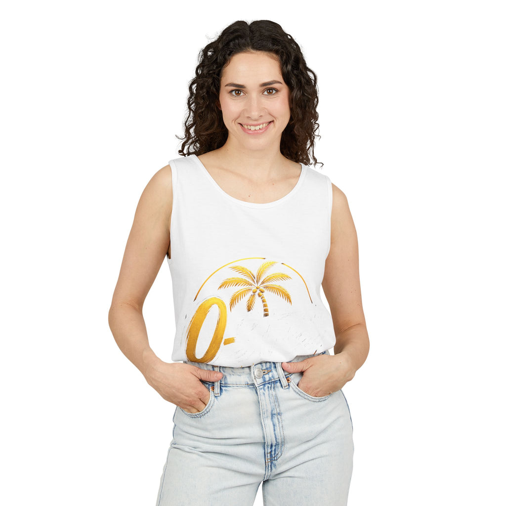 Palm Oasis Tank Top — Golden Tropical Graphic Summer Tee