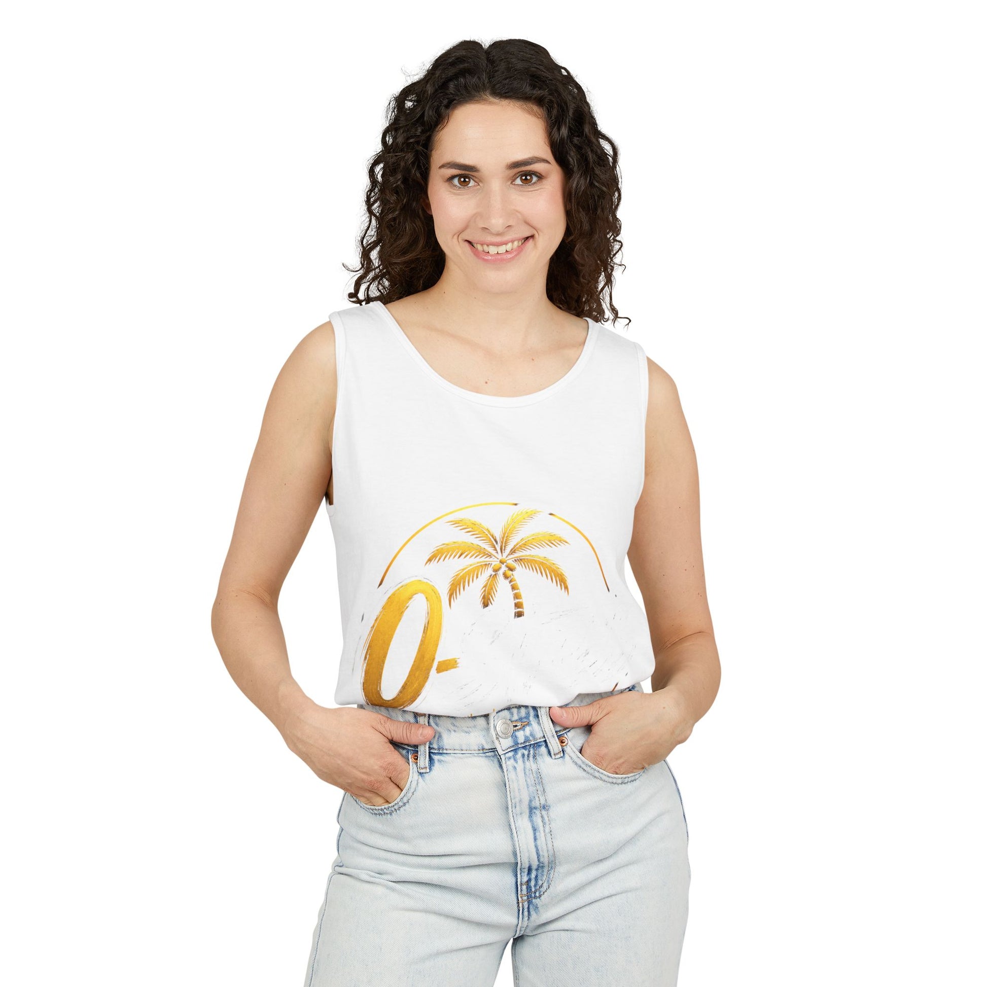 Palm Oasis Tank Top — Golden Tropical Graphic Summer Tee