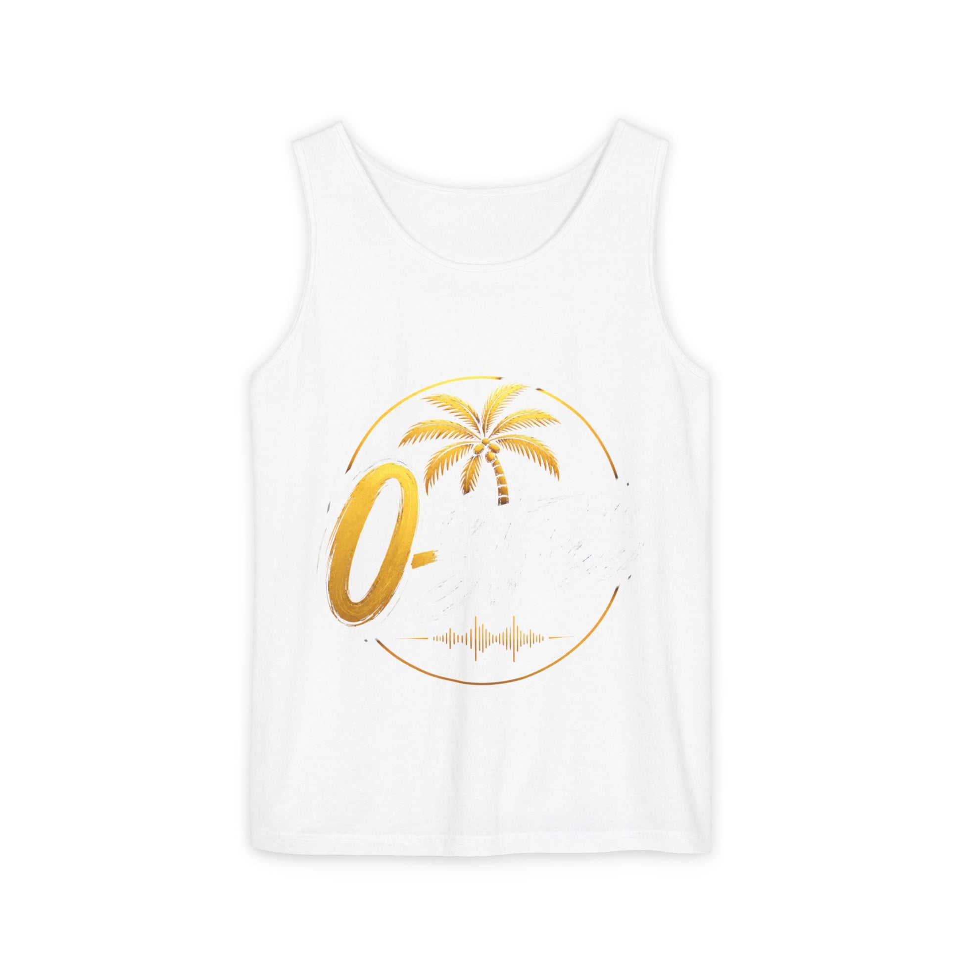 Palm Oasis Tank Top — Golden Tropical Graphic Summer Tee