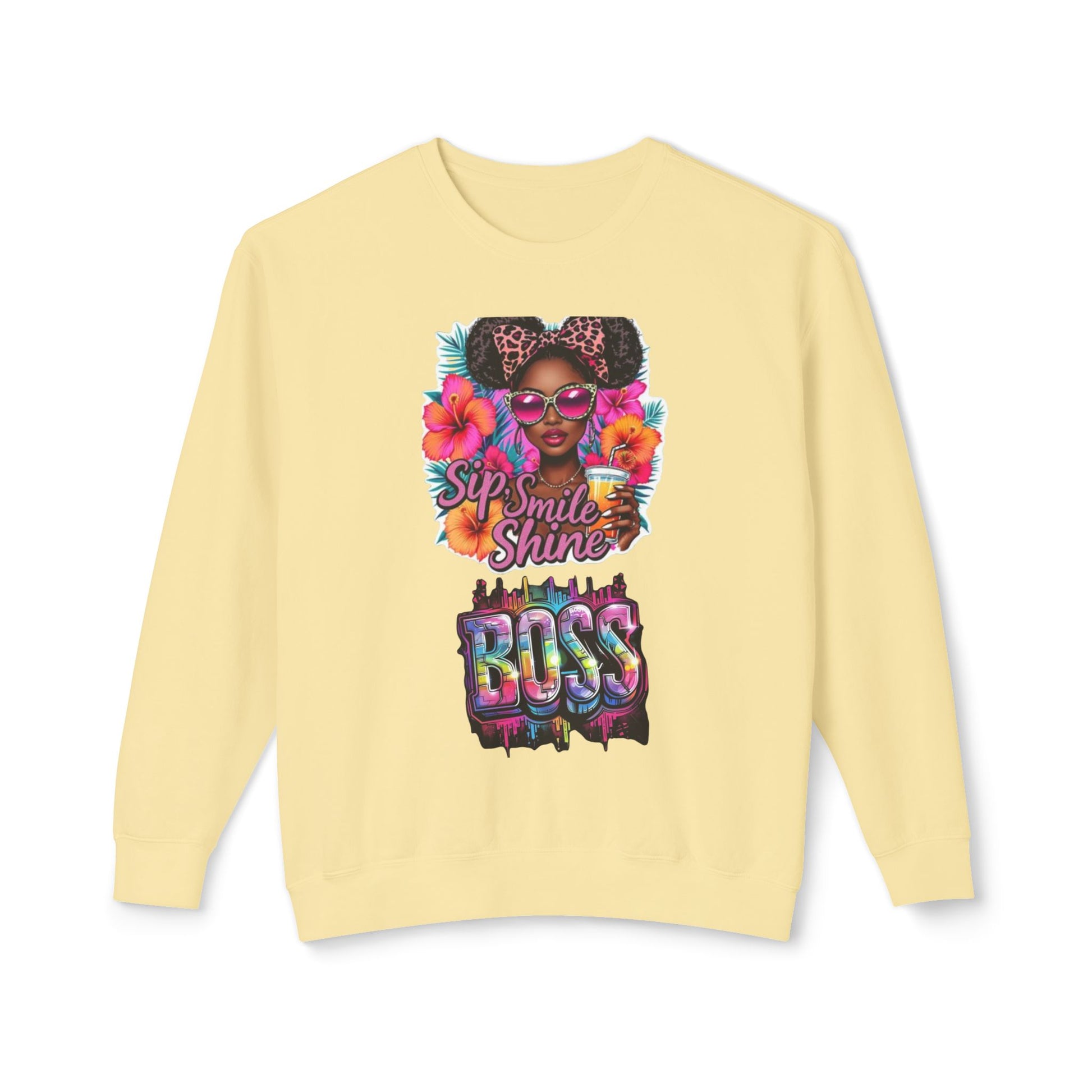 Sip Smile Shine Boss Crewneck Sweatshirt — Tropical Floral Black Girl Magic Graphic