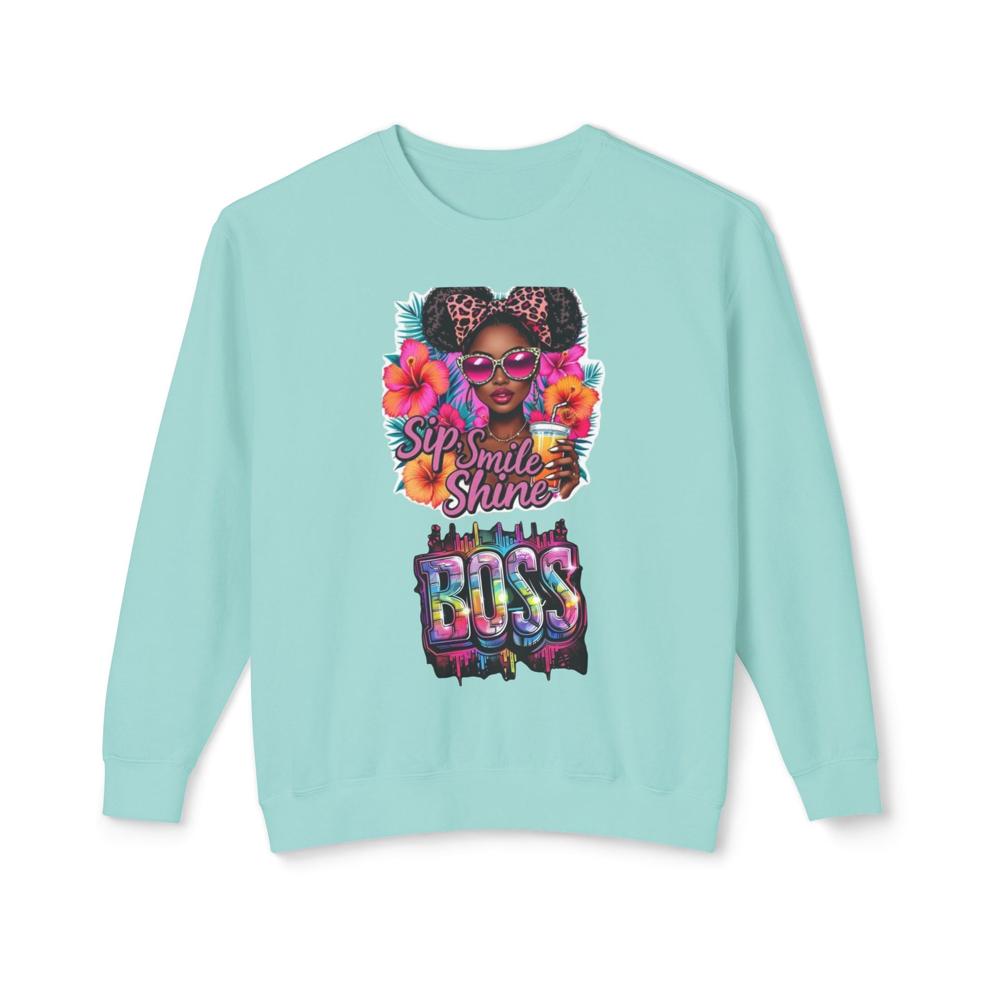 Sip Smile Shine Boss Crewneck Sweatshirt — Tropical Floral Black Girl Magic Graphic