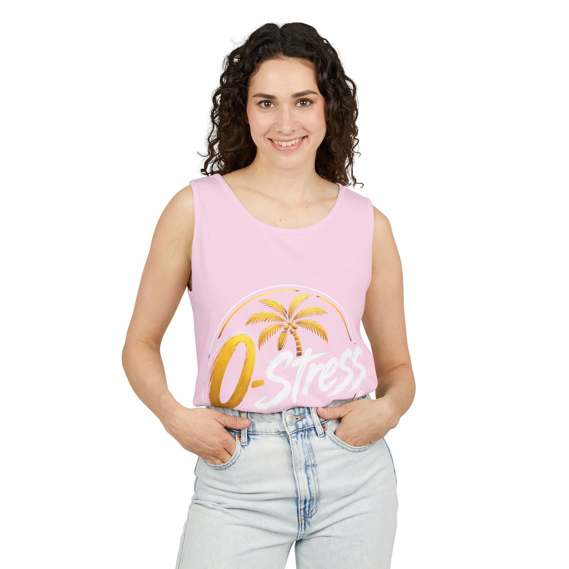 Palm Oasis Tank Top — Golden Tropical Graphic Summer Tee