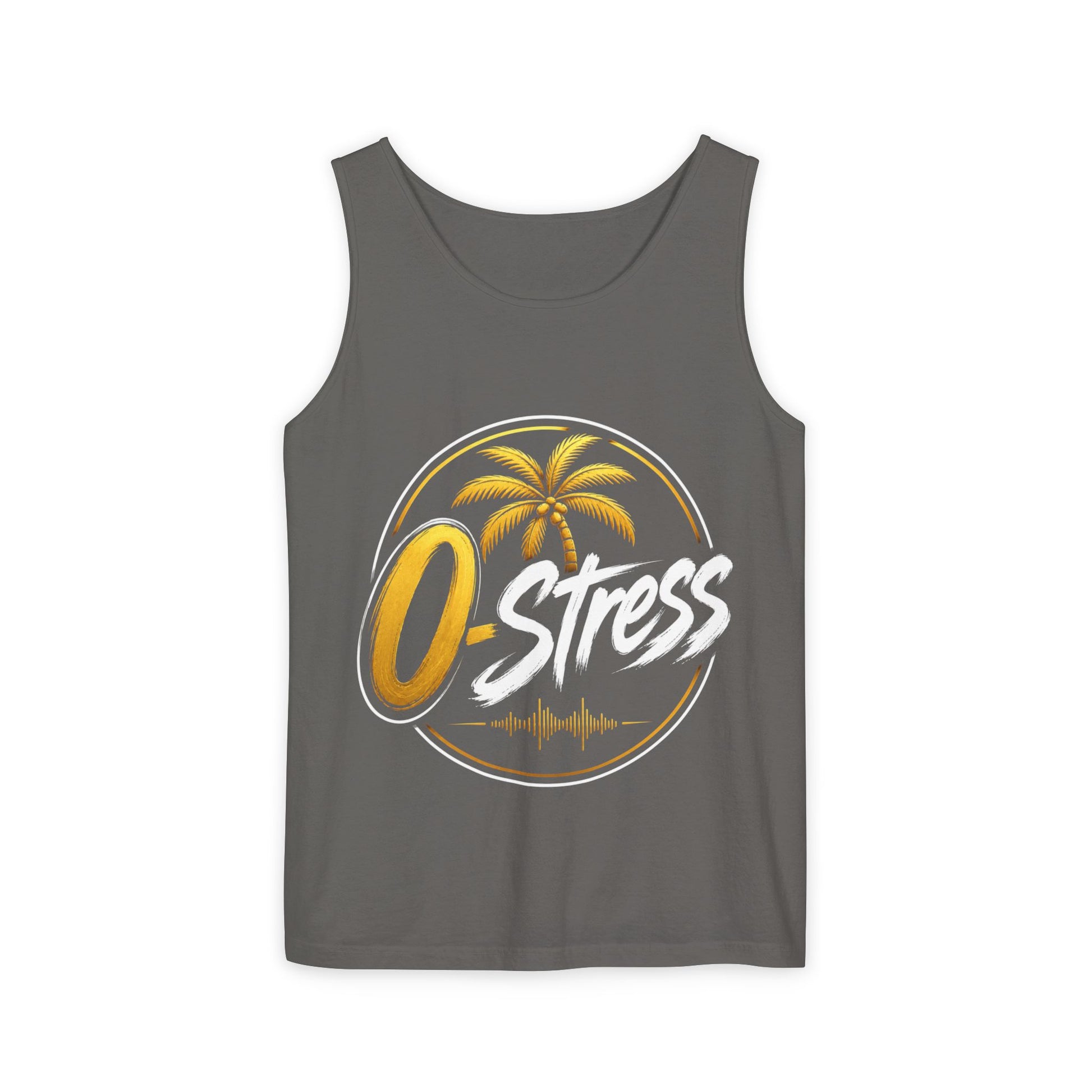 Palm Oasis Tank Top — Golden Tropical Graphic Summer Tee