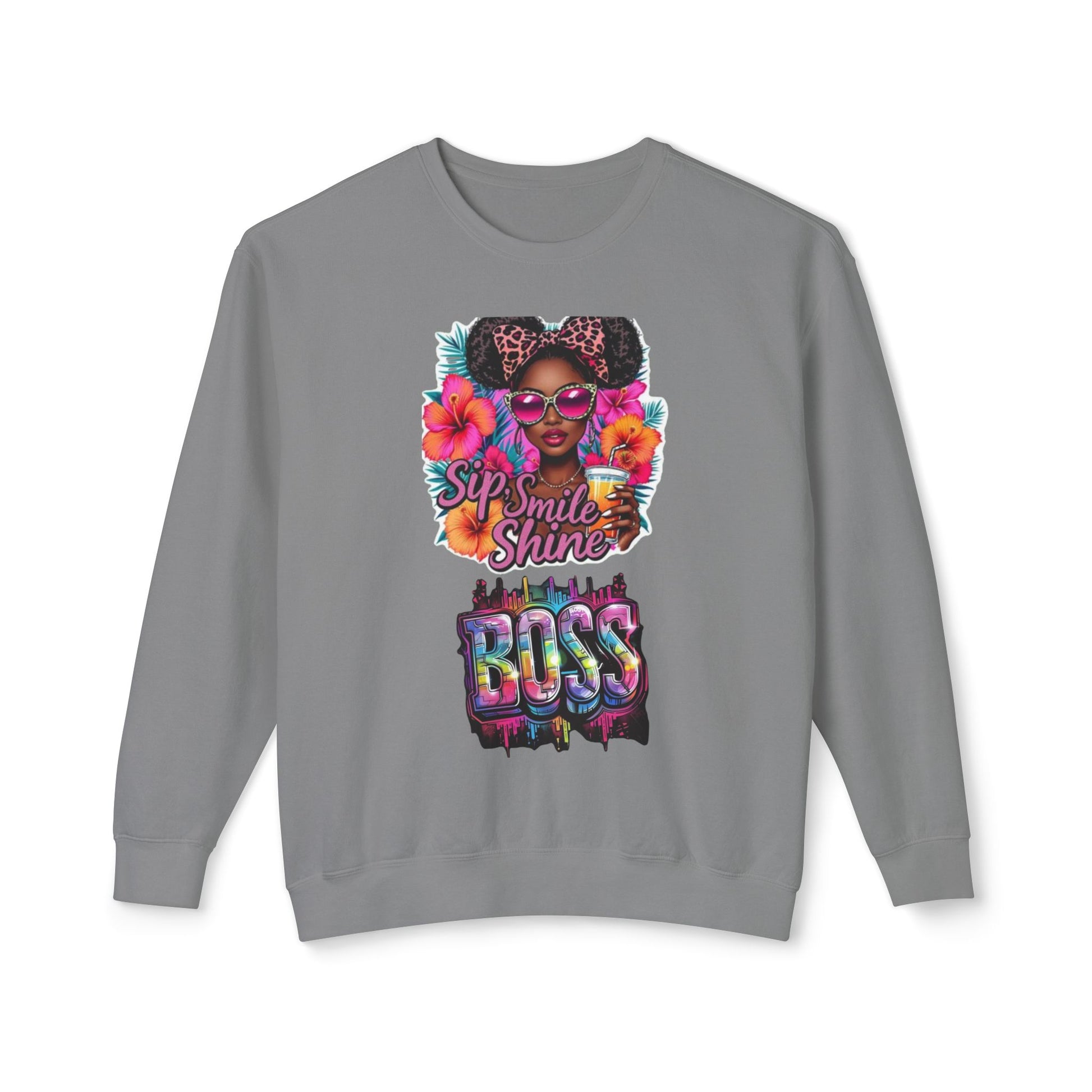 Sip Smile Shine Boss Crewneck Sweatshirt — Tropical Floral Black Girl Magic Graphic