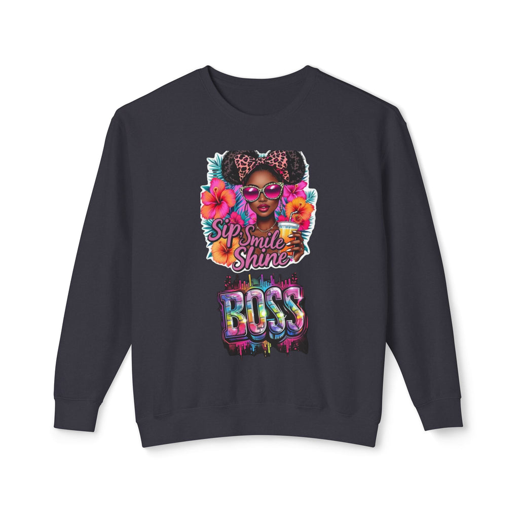 Sip Smile Shine Boss Crewneck Sweatshirt — Tropical Floral Black Girl Magic Graphic
