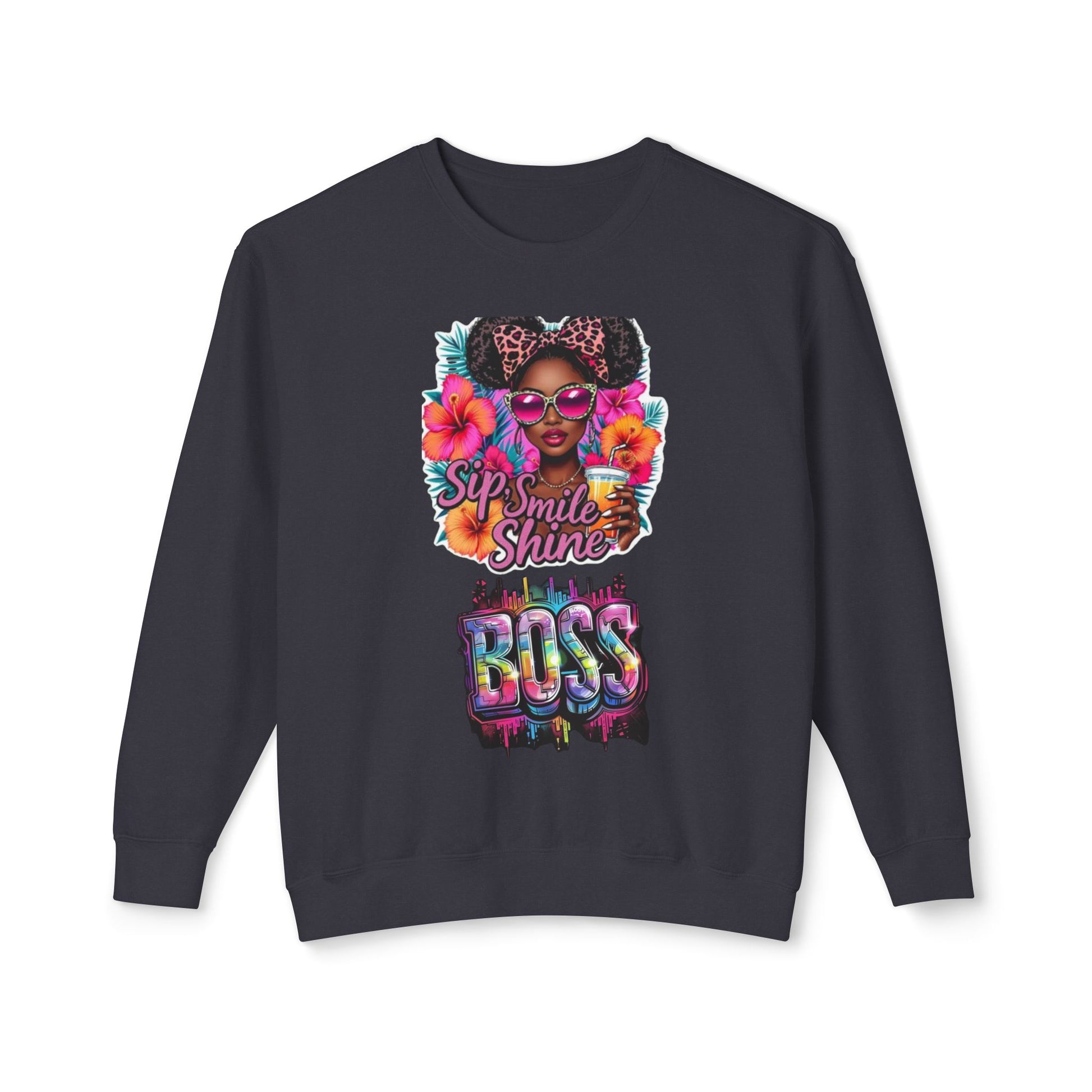 Sip Smile Shine Boss Crewneck Sweatshirt — Tropical Floral Black Girl Magic Graphic