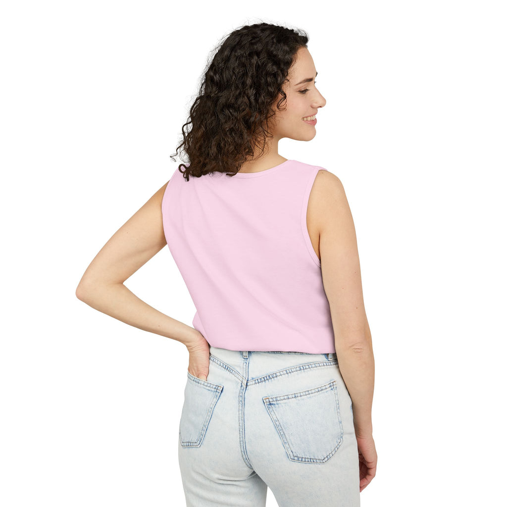 Palm Oasis Tank Top — Golden Tropical Graphic Summer Tee