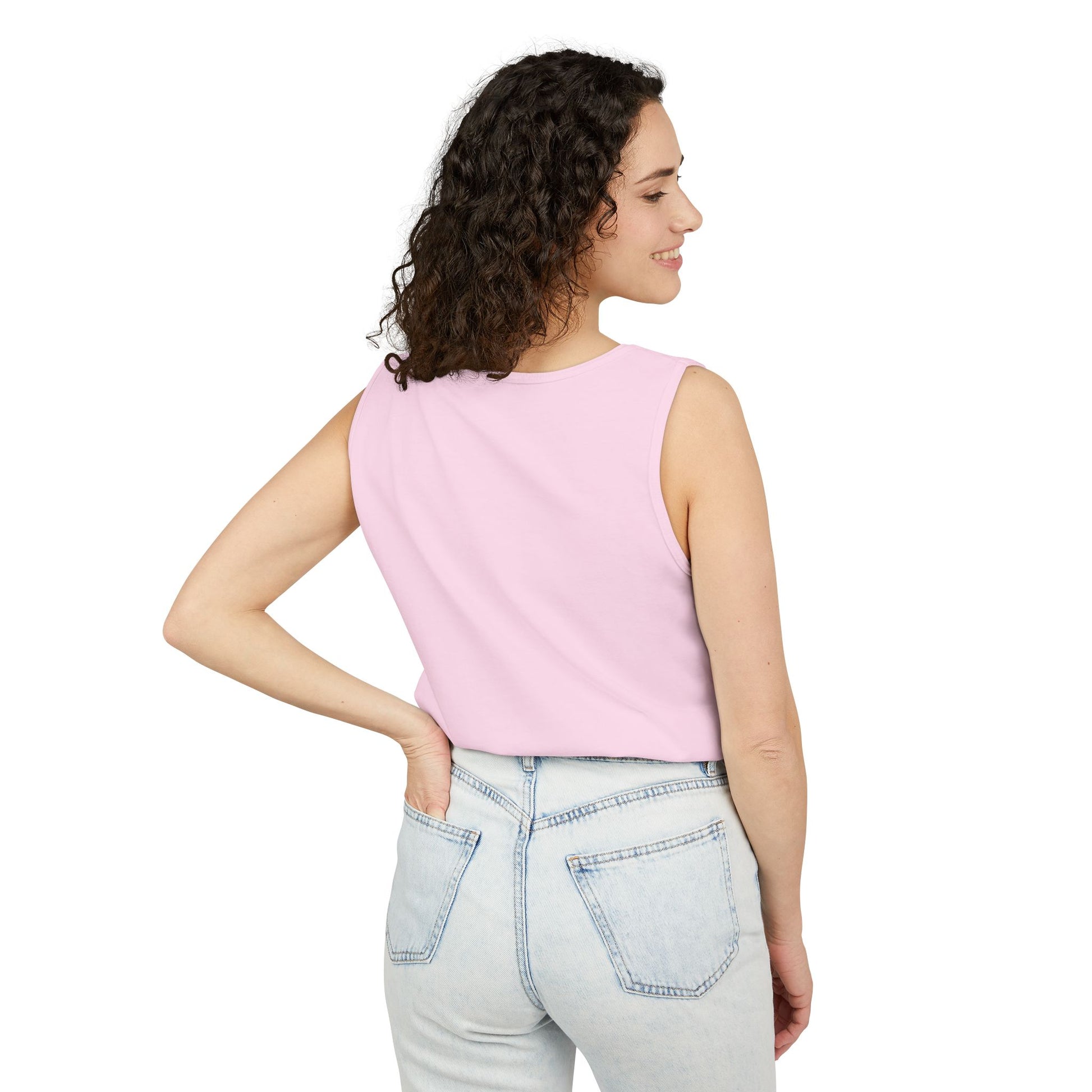 Palm Oasis Tank Top — Golden Tropical Graphic Summer Tee