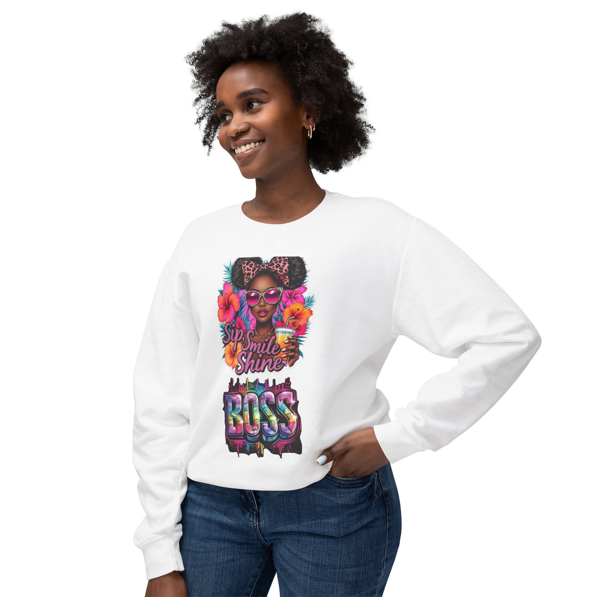Sip Smile Shine Boss Crewneck Sweatshirt — Tropical Floral Black Girl Magic Graphic