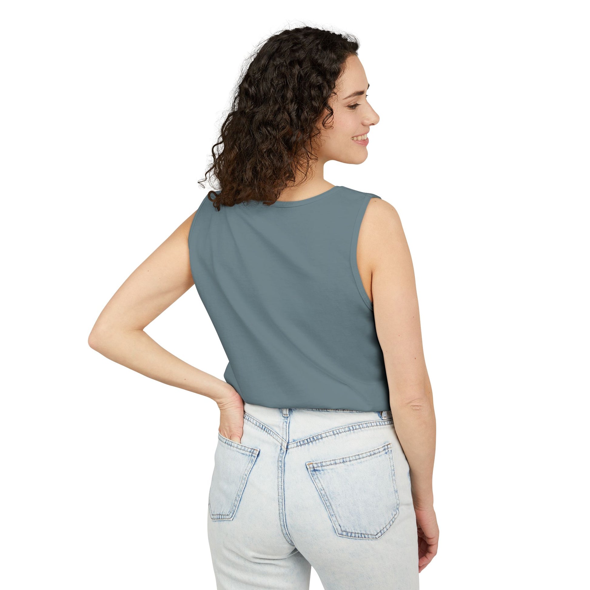 Palm Oasis Tank Top — Golden Tropical Graphic Summer Tee