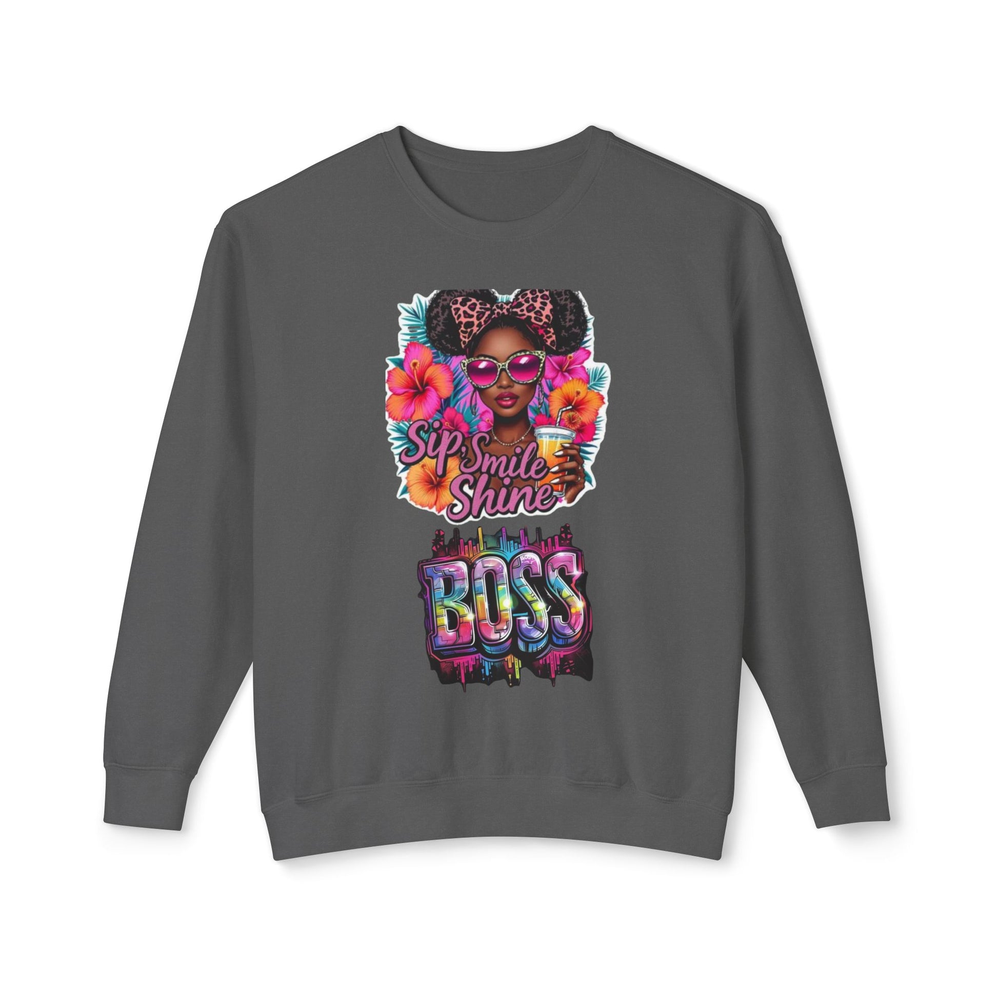 Sip Smile Shine Boss Crewneck Sweatshirt — Tropical Floral Black Girl Magic Graphic