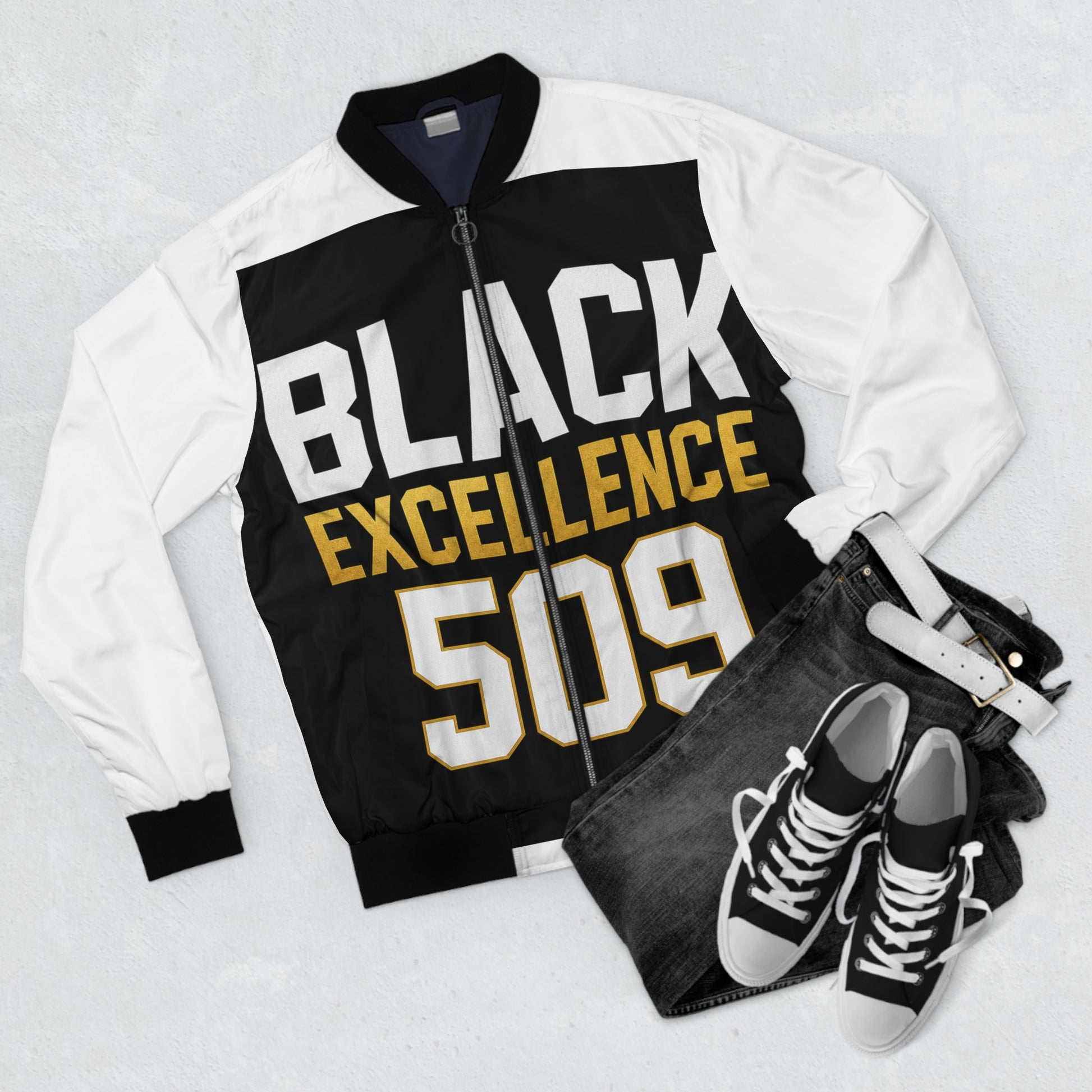 Bomber Jacket — "Black Excellence 509" Graphic Bomber Jacket