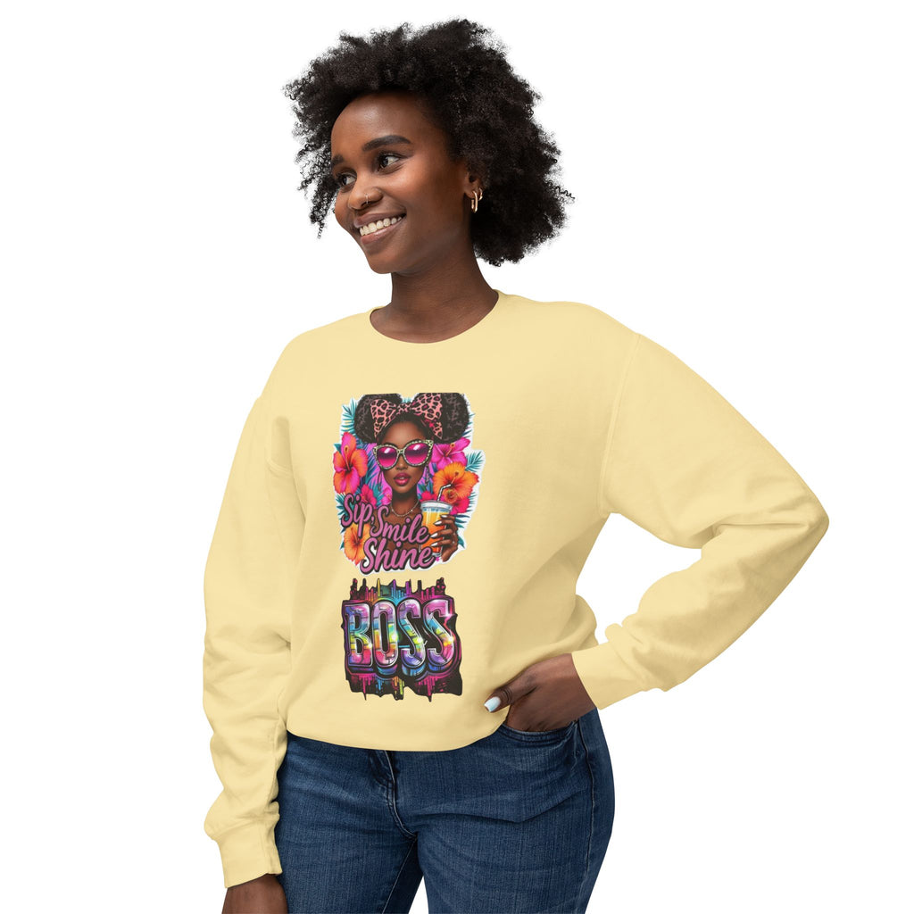 Sip Smile Shine Boss Crewneck Sweatshirt — Tropical Floral Black Girl Magic Graphic