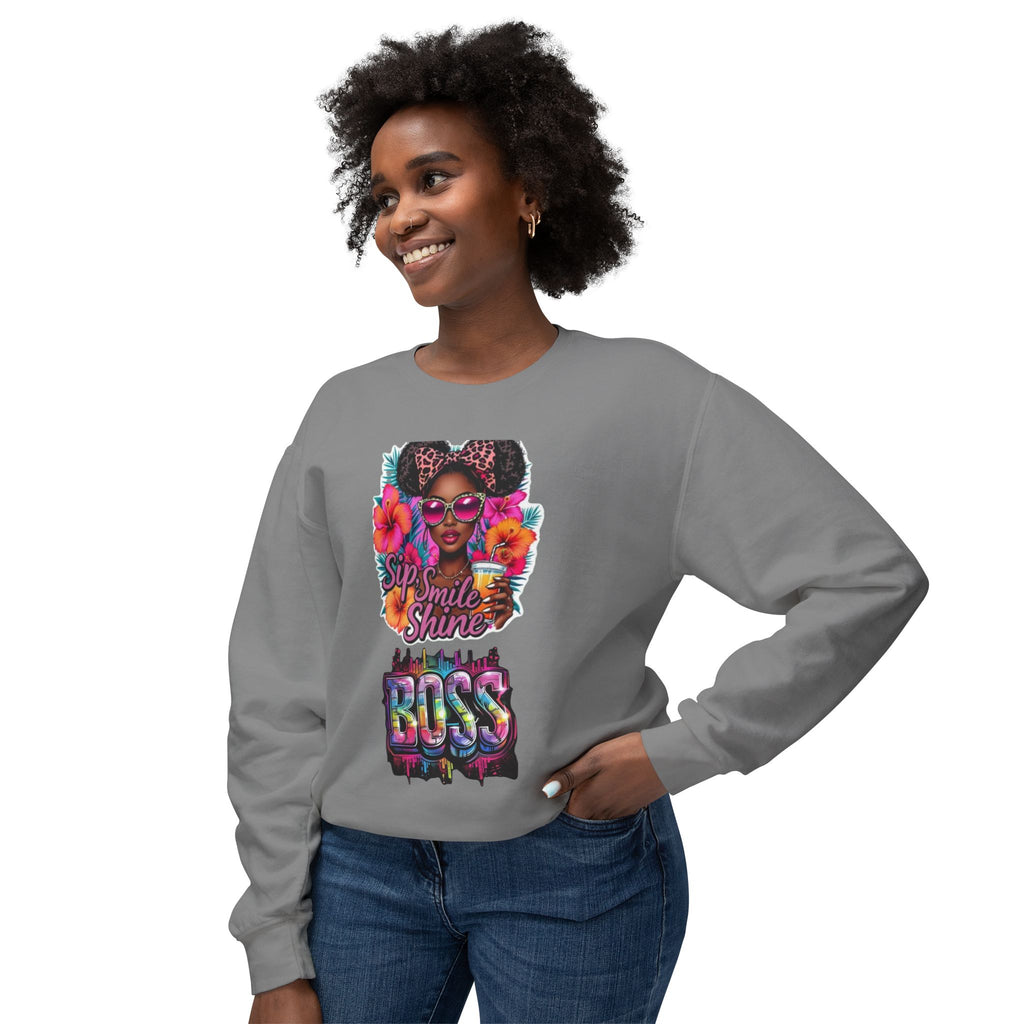 Sip Smile Shine Boss Crewneck Sweatshirt — Tropical Floral Black Girl Magic Graphic