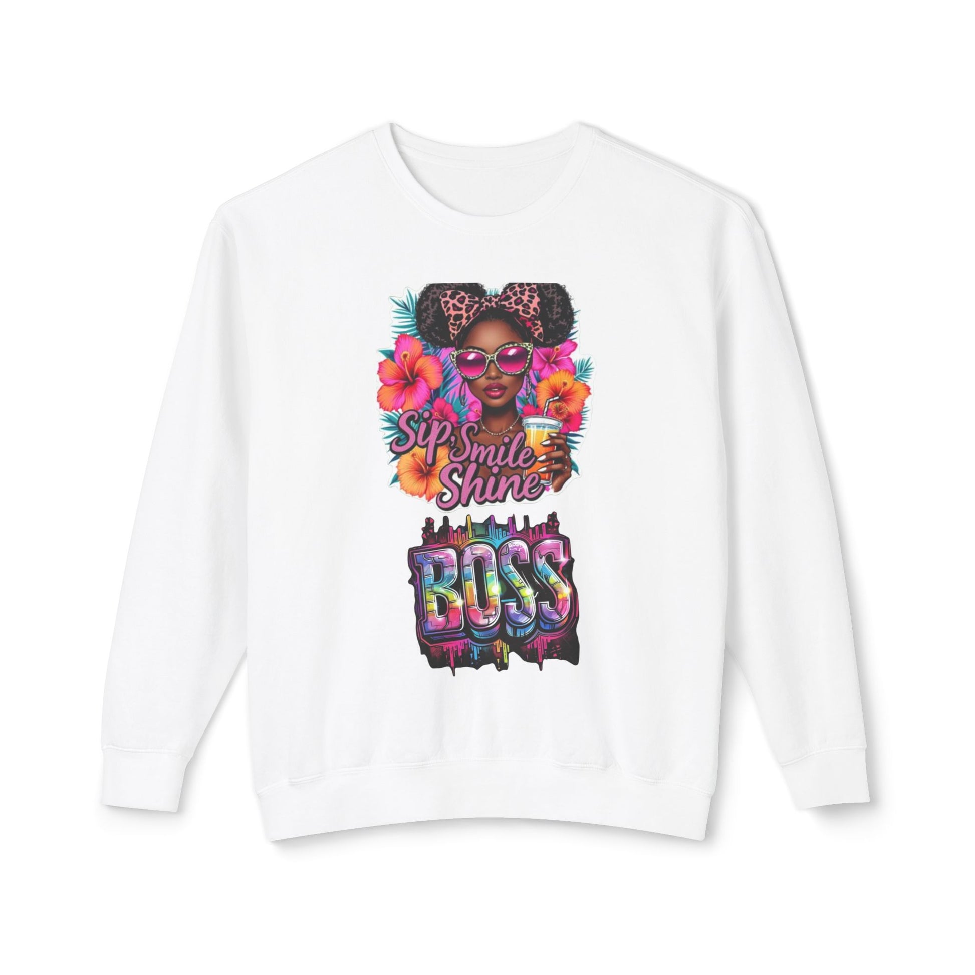 Sip Smile Shine Boss Crewneck Sweatshirt — Tropical Floral Black Girl Magic Graphic